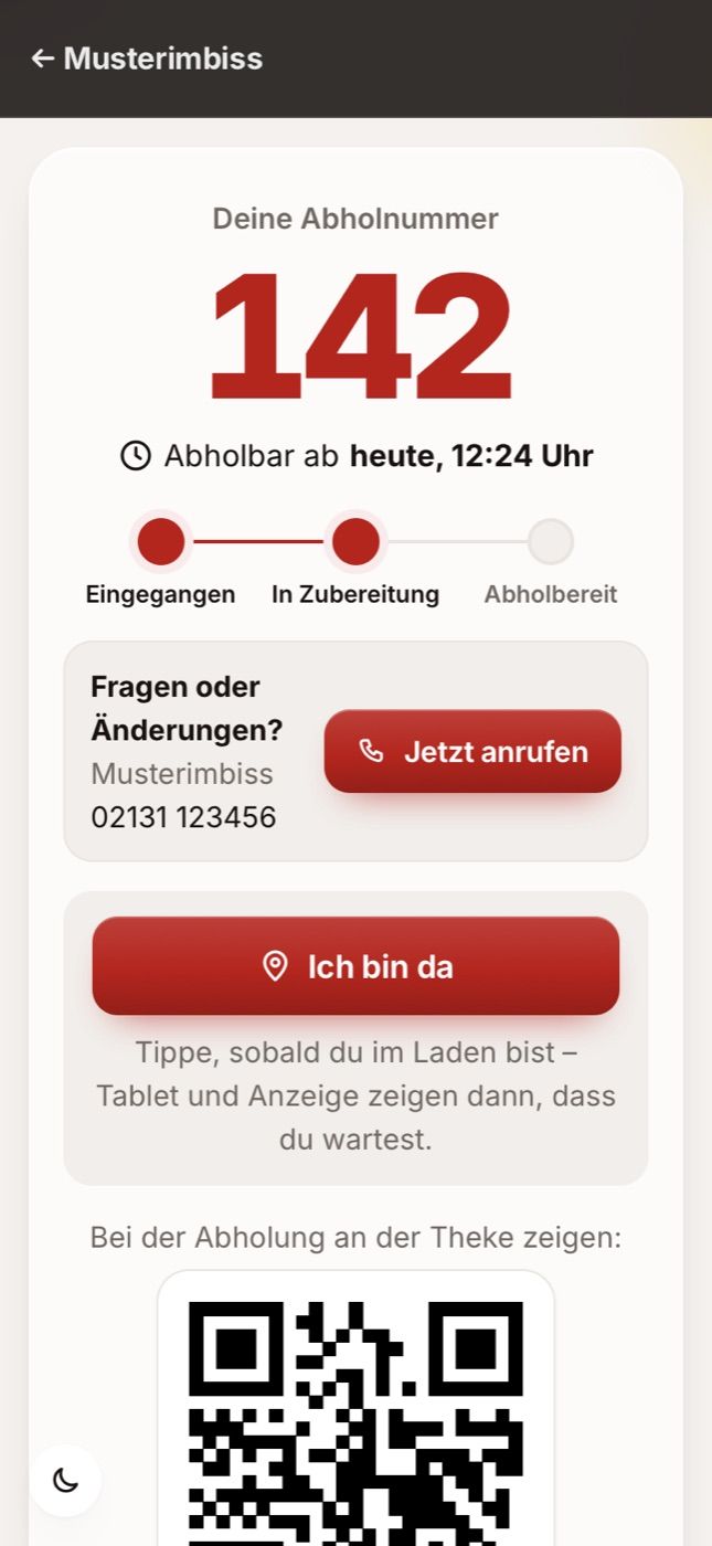 Abholseite mit Ich-bin-da-Knopf
