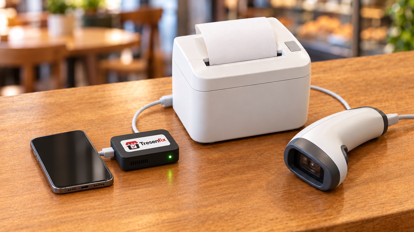 TresenFix-Box: kleiner Raspberry Pi im schwarzen Gehäuse mit TresenFix-Logo, daneben Bondrucker und Scanner