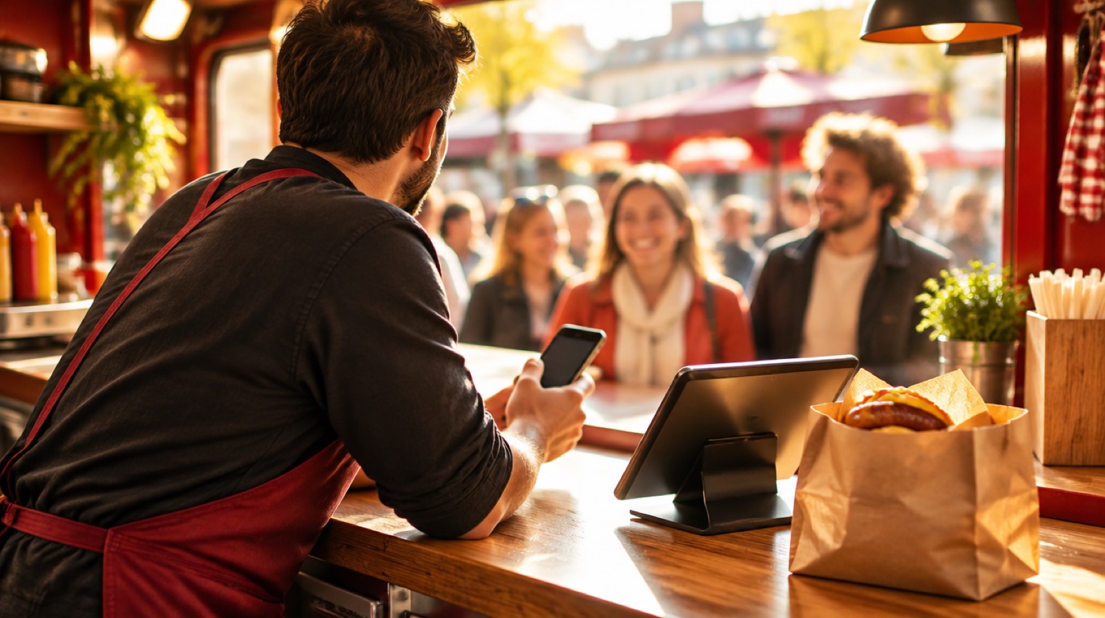Theke mit Tablet, an dem Bestellungen ankommen